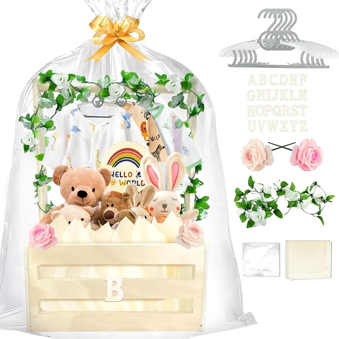 Wooden Baby Shower Crate Closet with Hanger Rack,Baby Baskets,Baby Shower Baskets with Handles & Garland for Newborn Boys Girls,Pregnancy Gifts for New Parents
