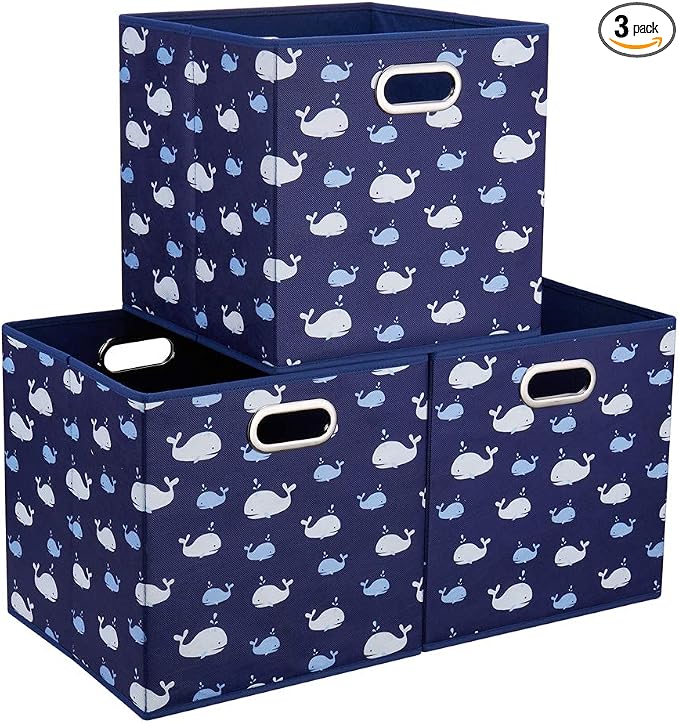 Whale Collapsible Cloth Storage Cube Baskets Blue Fabic Cube Bins 10.5x 10.5 x11 in Foldable Storage Cube Boxes Folding Storage Inserts Drawer for Cube Organizer Storage ,QY-SC11-3