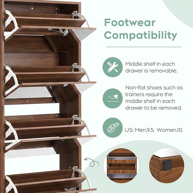 Yechen Mirror Shoe Cabinet with 5 Flip Drawers, Shoe Rack Storage Organizer, Entryway Shoe Cabinet for Front Door, Hallway (1 Piece, Walnut)
