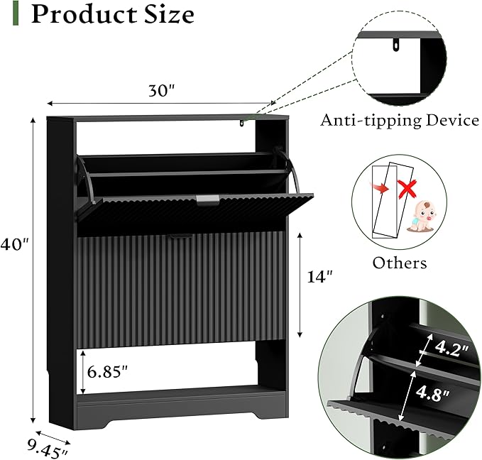 Xixini Shoe Storage Cabinet for Entryway with 2 Flip Drawers, Hidden Slim Wood Shoe Organizer with Modern Fluted Panel, Freestanding Narrow Shoe Rack for Front Door Entrance, Hallway, Foyer, Black