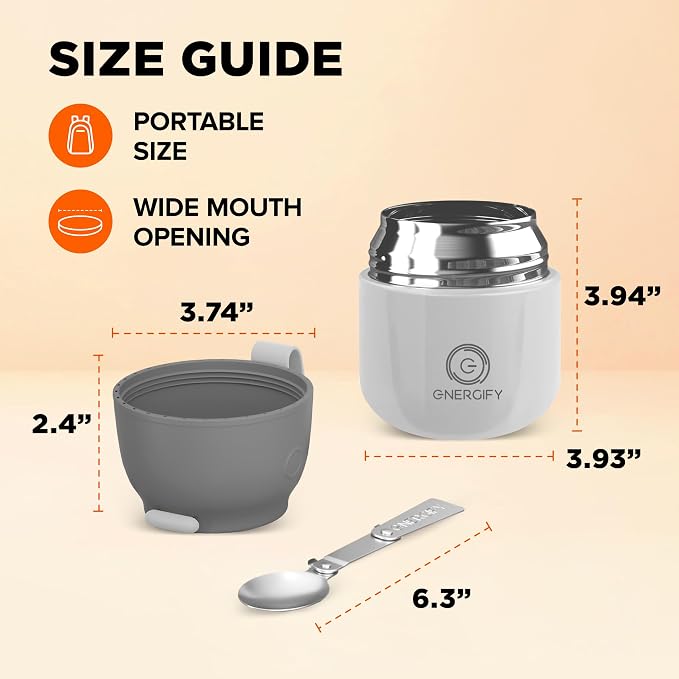 Energify Vacuum Insulated 12oz Titan Gray Thermos with Folding Spoon and Carry Case, BPA-Free, Meal Holder
