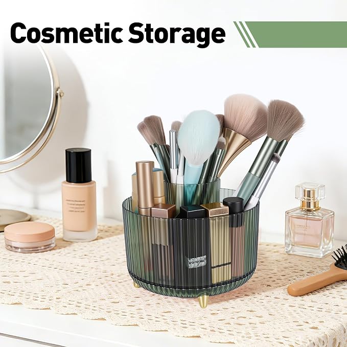 360 Rotating Pen Pencil Holder for Desk, Pen Organizer with 5 Slots, Makeup Brush Holder, Desk Organizer and Accessories, Cute Pencil Cup Caddy for Office School Home Decor Art Supply (Green)