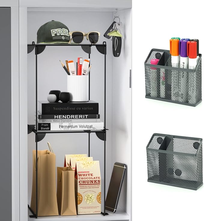 Neudeco Locker Accessories and Decor Kit, Pack of 4, Grey | Mesh Locker Shelf, Locker Organizer, Magnetic Basket, Pen Holder