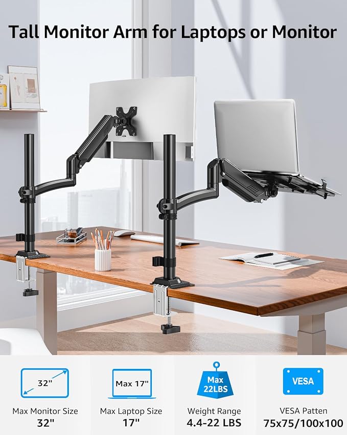MOUNTUP Laptop Desk Mount, Adjustable Laptop Stand for max 17" Notebook or 32" Monitor, Laptops Arm Mount for Desk Holds 4.4-22lbs, Tall Laptops Stand with Clamp/Grommet