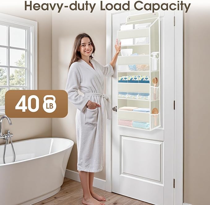SpaceHacks 2 Pack Over The Door Organizer, Hanging Storage Organizer with Clear Window, 40lb Ultra Sturdy Large Capacity Room Organizer for Pantry Laundry Bathroom Nursery Closet (Beige)