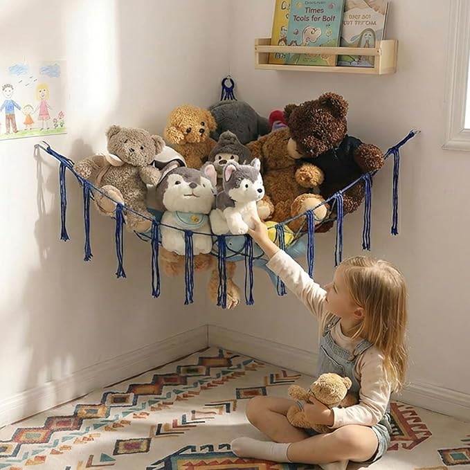 YKBU Stuffed Animals Hammock Corner Hanging Net Macrame Stuffed Animal Storage Plush Toy Holder Toy Organizer for Boho Nursery Playroom Bedroom Kids Room (blue, m)