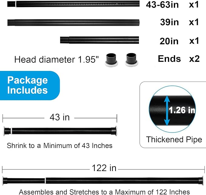 Large Long Tension Curtain Rod 43-122 in (3.6-10.2 ft) | 1.26" Diameter, Spring Adjustable Heavy Duty Curtains Pole for Windows Door Bathroom Patio Outdoor No Drilling, Black