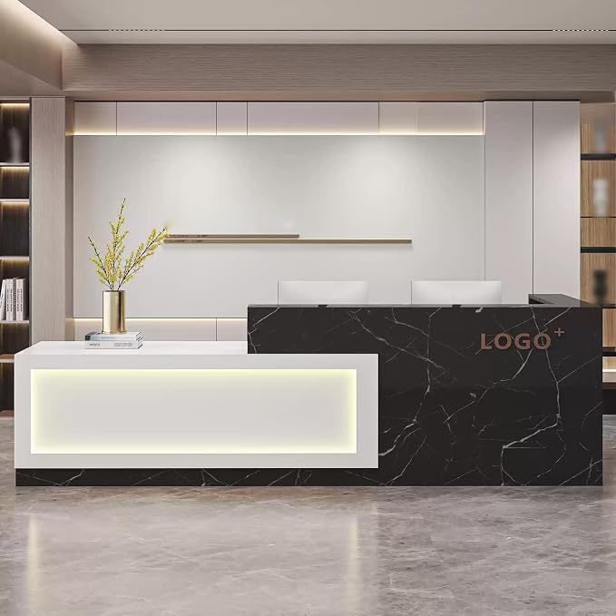 Modern Reception Desk with Counter, Front Desk Reception Counter with Lockable Drawer, Keyboard Tray & Storage Cabinet, Solid Wood Receptionist Table for Salon Office Lobby (B - Left, L 2.2m/86in)