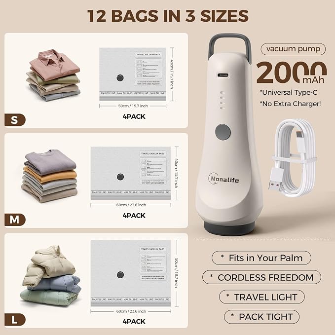 Vacuum Seal Bags for Clothing Travel,12-Pack, 80% Space Reduction | Fits Carry-On, Luggage, and Suitcase, Reusable Airtight Seal Prevents Leaks, Ideal For Home Storage & Travel Packing