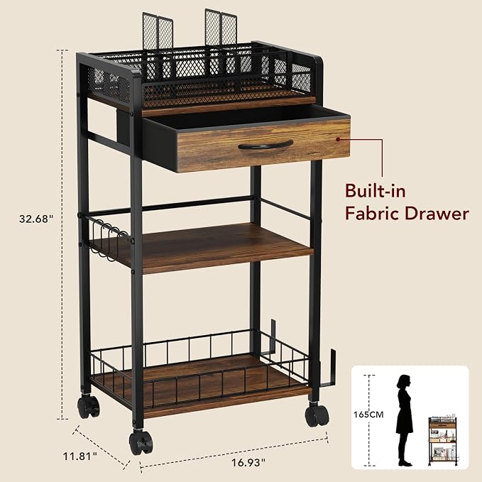 Homsorout 3 Tier Rolling Cart - Metal Utility Cart with Storage Drawer and Wheels, Versatile Art & Craft Organizer for Home, Office, or Studio Ideal for Storing Brushes, Paints, and Supplies Brown