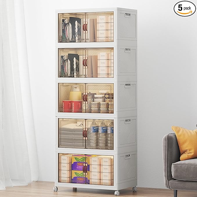 UAMFURI Stackable Storage Bins with Lids, 240QT Closet Organizers, Lockable Storage Cabinet, Foldable Storage Box with Doors and Wheels, Plastic Drawers for Home, Garage, Office (5, White, Medium)