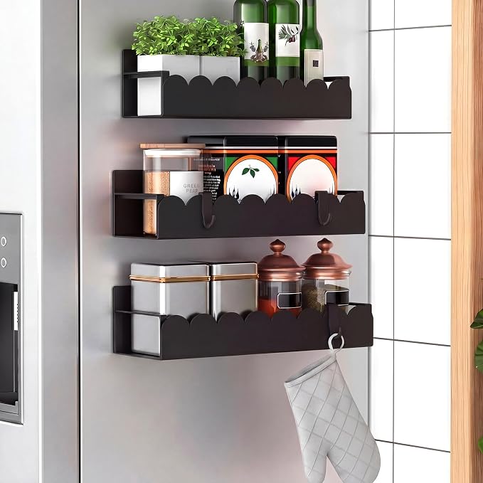 3 Pack Scalloped Metal Magnetic Spice Storage Rack Organizer with Hooks for Refrigerator and Oven, Black Fridge Organizers and Storage