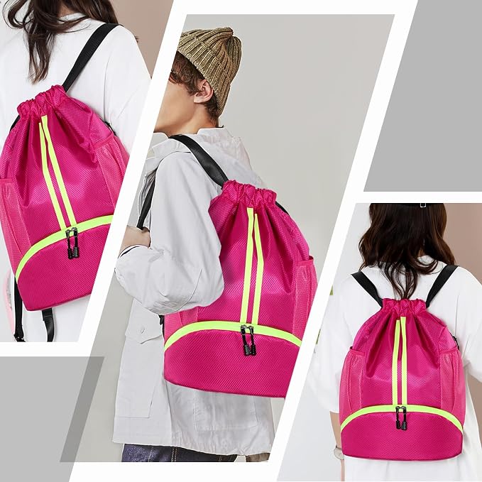 Hoedia Sports Drawstring Backpack - String Swim Gym Bag with Shoes Compartment and Wet Proof Pocket for Women&Men