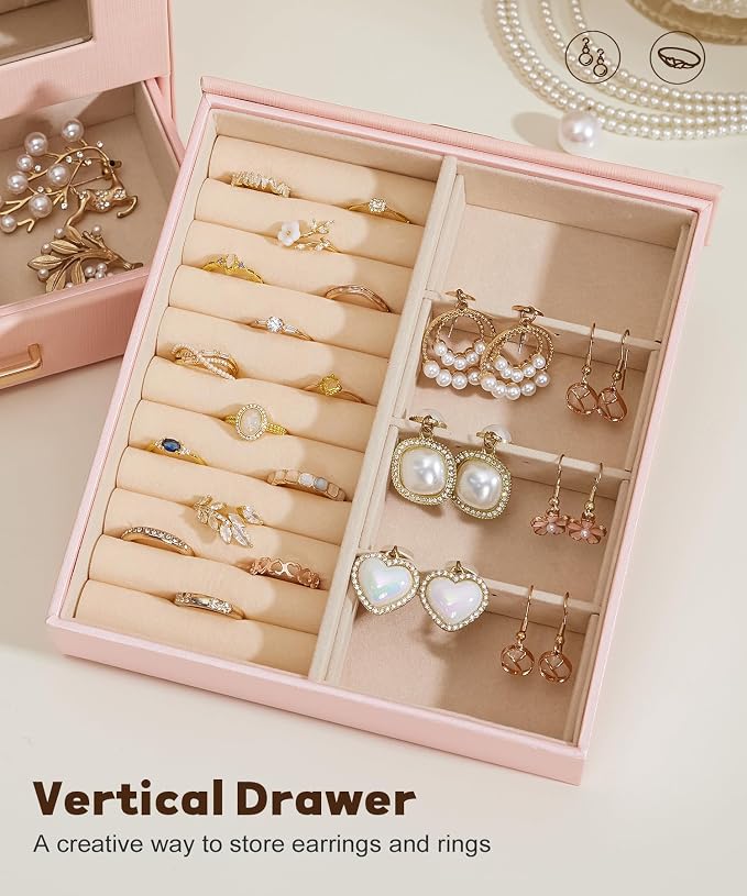Homde Display Jewelry Box for Girls: Starter Organizer with Clear Window | Vertical Drawers for Earrings Rings Necklaces - Compact Footprint Fits Small Vanities - Birthday&Graduation Gift for Teens