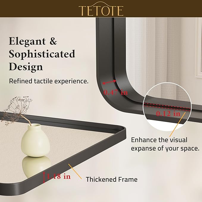 TETOTE 48 x 24 Inch Black Frame Mirror, Bathroom Vanity Mirror for Wall, Modern Rectangle Round Corner Matte Framed Mirror (Horizontal/Vertical)