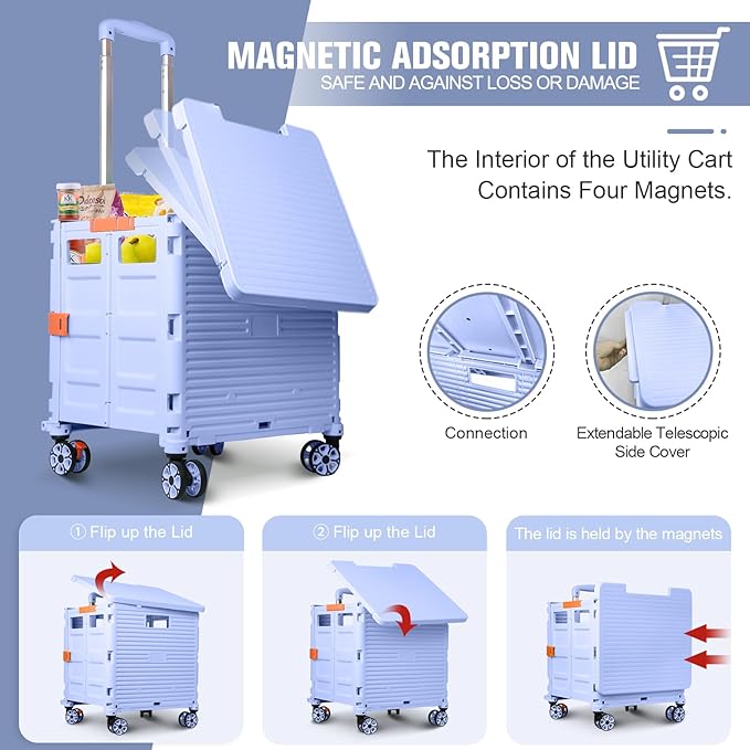 FELICON SELORSS Folding Utility Cart Portable Rolling Crate Handcart with Magnetic Sliding Lid Telescoping Handle Plastic Box Dolly 360°Swivel Wheels for Travel Shop Move Office Teacher Use(Blue Pro)
