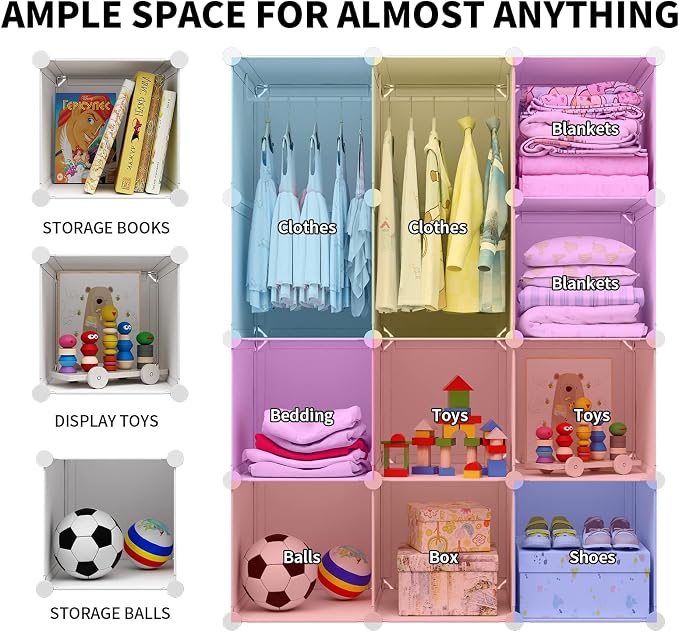 VIPZONE Baby Closet,Dresser, Kids Closet Organizers, Portable Kids Wardrobe for Closet, Bedroom, Nursery, Cubby, Cabinet, Clothes, Dress, Baby Storage Shelf, Armoire Clothes Hanging (12 Cube, White)