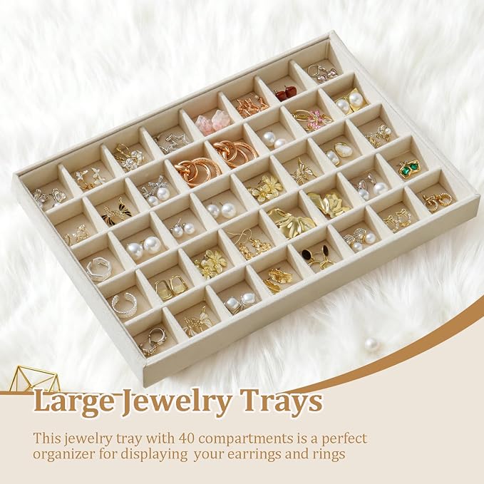 Large Jewelry Organizer for Drawer Insert Velvet Stackable Jewelry Trays for Earring Necklace Bracelet Ring Display (Beige, 40 Grids)