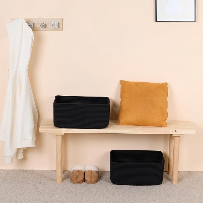 MiniArk Large Storage Baskets for Organizing, 17 x 13 x 7.5” Closet Shelf Baskets for Clothes Blanket Towels, Baby Nursery, Toy Bins Box, Woven Rope Baskets, 4 Packs Black