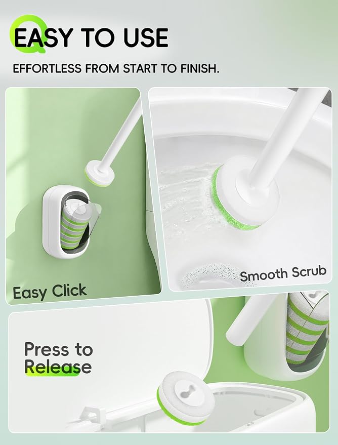 Wall Mounted Disposable Toilet Brush System with Holder, Toilet Bowl Cleaning Wand with Green Refills and One-Button Release, 1 Wand and Holder with 24 Green Refills