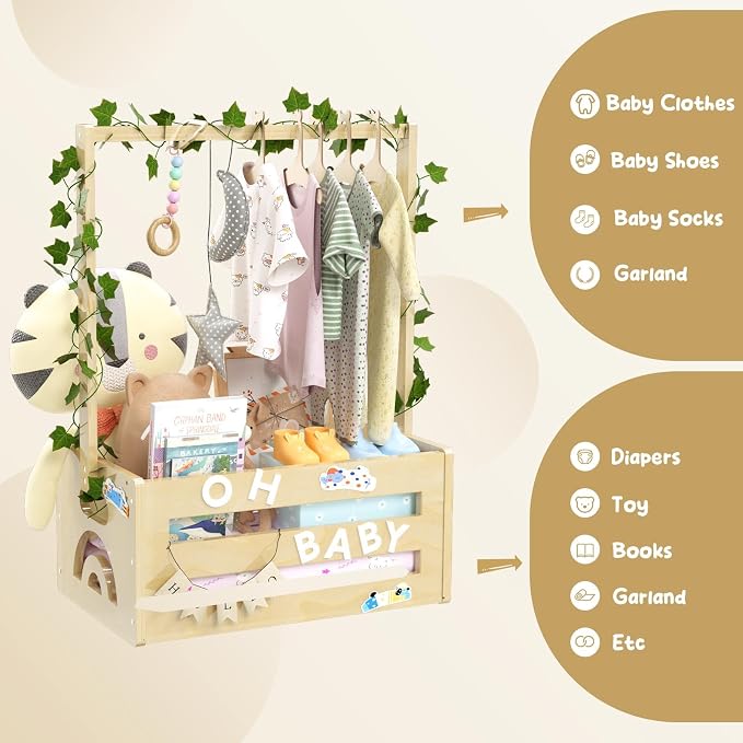 Baby Shower Gifts Basket Wooden Crate, Personalized Wooden Letters and Baby Clothes Hangers New Born Baby Girl Boy Gifts Vine Decorations Cute Closet with Handle Pregnancy Gifts for New Mom Parents