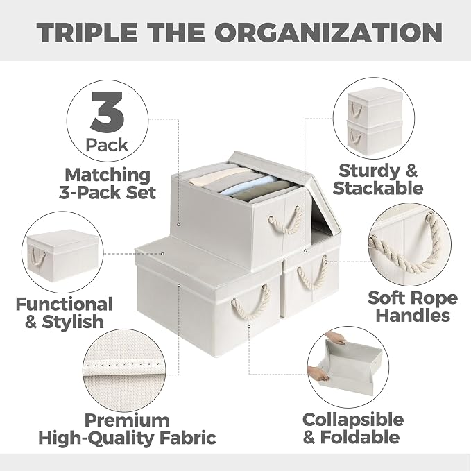 Set of 3 Fabric Bins for Organization - Foldable & Stackable With Lid & Rope Handles - Collapsible Fabric Storage Cubes Lightweight & Sturdy Bottom, Space Saving Collapsible Bin, Ivory