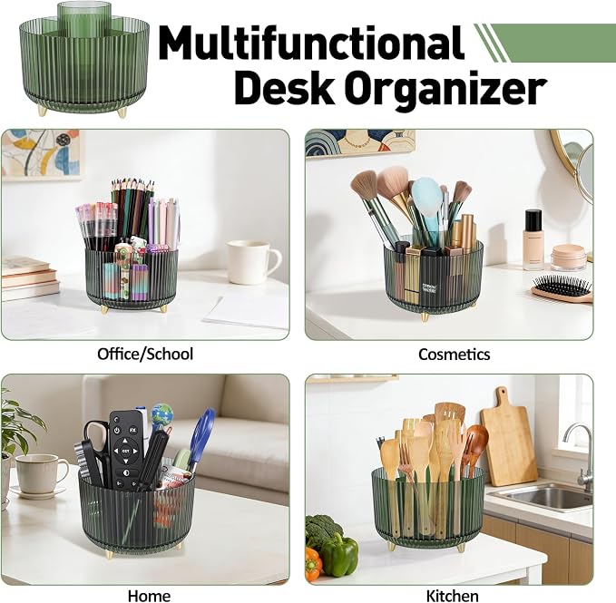 360 Rotating Pen Pencil Holder for Desk, Pen Organizer with 5 Slots, Makeup Brush Holder, Desk Organizer and Accessories, Cute Pencil Cup Caddy for Office School Home Decor Art Supply (Green)