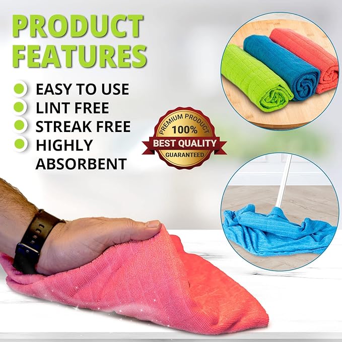 HELOMOR 6 Extra Large Microfiber Cleaning Cloths, 30"x18" Floor Towels for Squeegee Mop, Reusable Multi-Purpose Cleaning Rags for House, Kitchen, Car & Windows, Highly Absorbent, Lint-Free