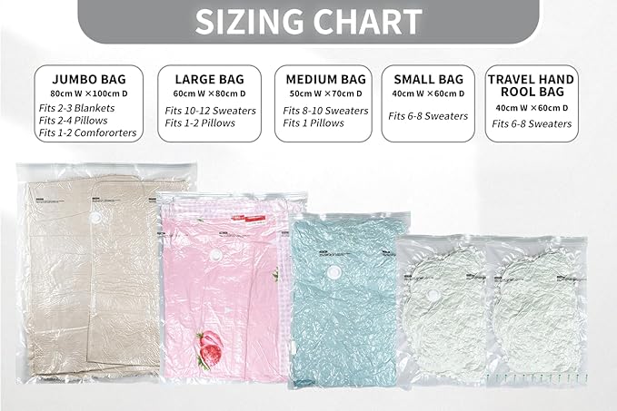 LEFAURA 12 in one pack Vacuum Storage Bags with Hand Pump, Small, Medium, Large and Jumbo size, Space Saving Compression Bags for Clothes, Bedding, Travel, Moving, 80% Storage Reduction