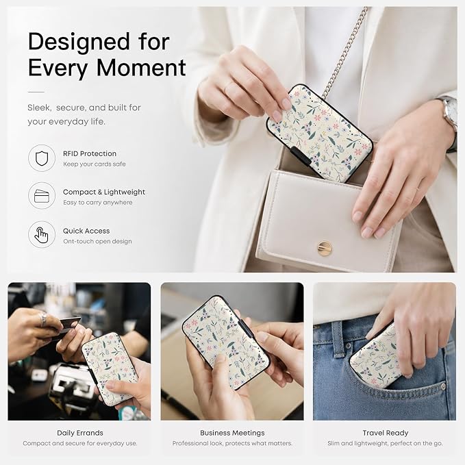 Credit Card Holder RFID Aluminum card case Flowers mini Wallet Women Men | ABS Business ID Case,Hard Case Large Capacity 6 Slots, Waterproof Durable ，Secure Closure Slim Small Credit Card Protector