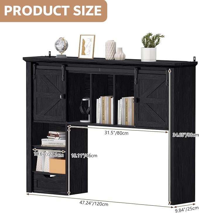 Large Desktop Bookshelf with Sliding Barn Door, 47.2''W Desk Shelf Display Rack, Desktop Organizer Storage Rack with 7 Cubbies and Drawer, Home, Desk Shelf for Office, Dorm, Vanity, Black