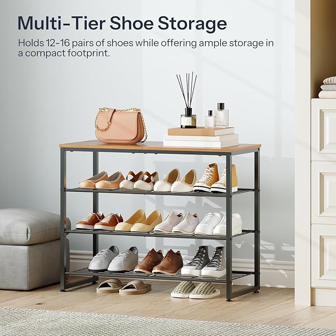 HOOBRO Shoe Rack, 4-Tier Narrow Shoe Organizer for Entryway, Holds 12-16 Pairs of Shoes, Metal Shoe Shelf with Removable Tier, Adjustable Feet, for Closet and Hallway, Rustic Brown and Black BF49XJ01