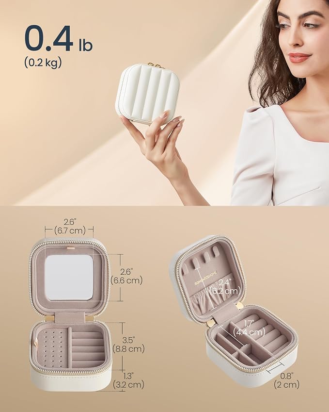 SONGMICS HOME Travel Jewelry Case with Mirror, Stitching, Portable | Jewelry box organizer, 4.1 x 4.1 x 2.4 Inches, Gift Idea, Cloud White, UJBC179W01