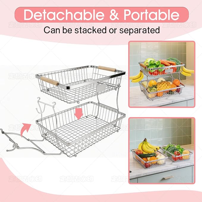 Fruit Basket Bowl 2 Tier Detachable with 2 Banana Hangers, Fruit Stand Holder for Kitchen Countertop, Metal Wire Vegetable Storage Organizer, for Bread Snack Veggies Produce, Chrome