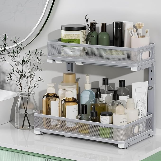 Under Sink Organizer, High Adjustable 2 Tier Under Sink Organizers and Storage, Slide out Metal Cabinet Organizers, Pull out Storage Drawer Shelf for Kitchen Bathroom Cabinet (1, Gray)