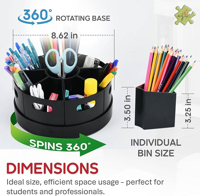 Black Rotating Desk Organizer Lazy Susan Caddies for Home School Office Supplies, Pens, Markers and Art Supplies for Classroom
