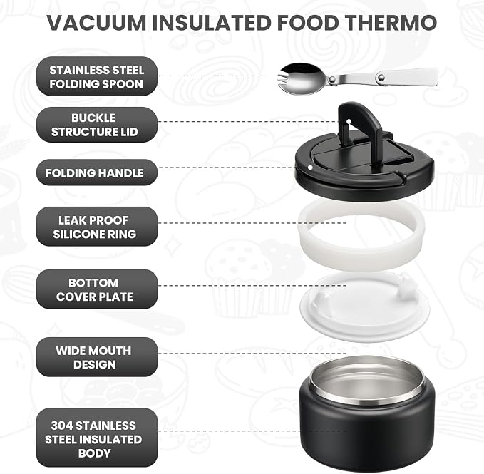 Itslife 13.5oz Vacuum Insulated Soup Thermo for Hot Food, Kids Lunch Container with Leakproof Buckle Lid, Wide Mouth Stainless Steel Food Jar with Spoon