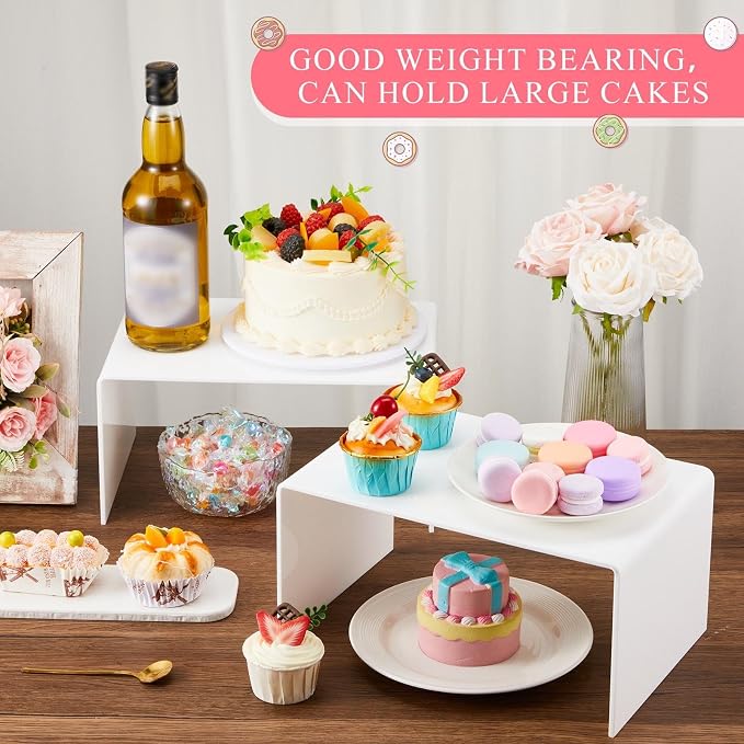 RattanView 2 Pcs 12 Inch Large Acrylic Risers Display Stands 5 mm Thick Acrylic Shelf Riser Showcase for Collectibles Jewelry Cupcakes Food Figures Perfume Cabinet (White)