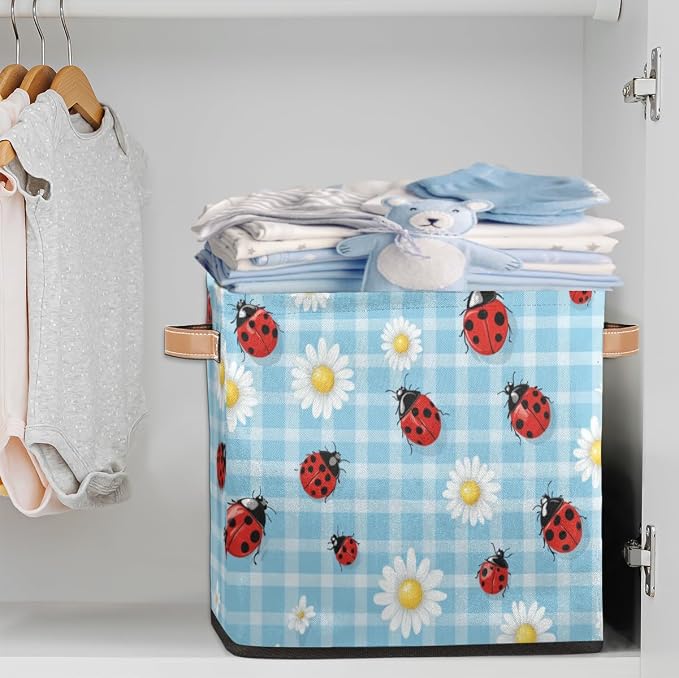 TropicalLife Floral Daisy Ladybugs Storage Cube, 13 Inch Fabric Cube Storage Organizer Bin for Shelves Clothes, Decorative Foldable Storage Boxes