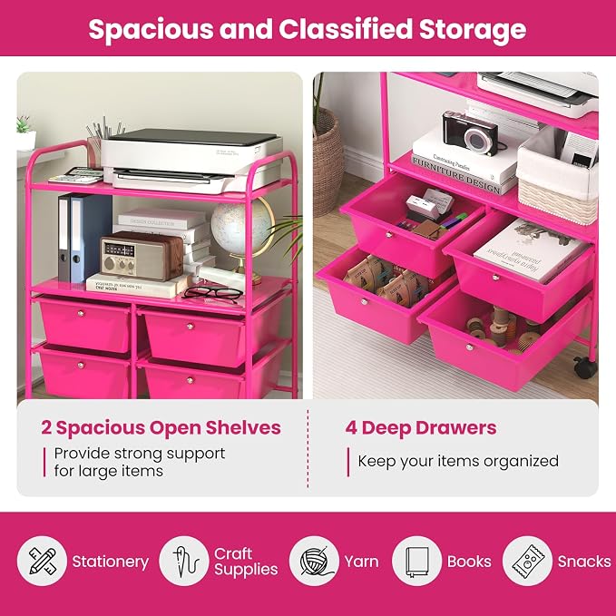 Moccha Rolling Storage Cart with 4 Drawers - Storage Drawers Organizer with wheels for Craft Art Supply Paper Salon, Scrapbook Paper Tools, Movable Utility Cart for Classroom School Studio, Hot Pink