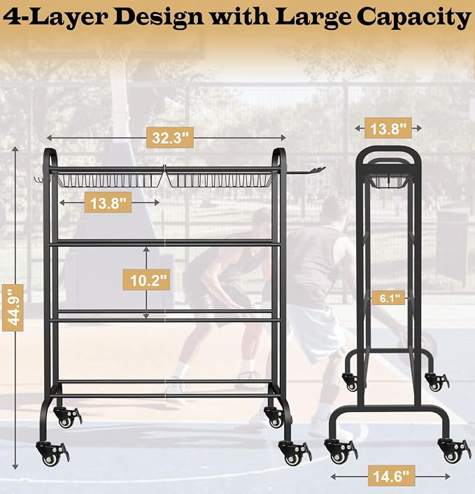 Basketball Racks Holder for Balls with Wheels, Rolling Metal Sports Equipment Storage Stand Organizer with Baskets and Hooks for Basketballs Footballs Volleyball, Black