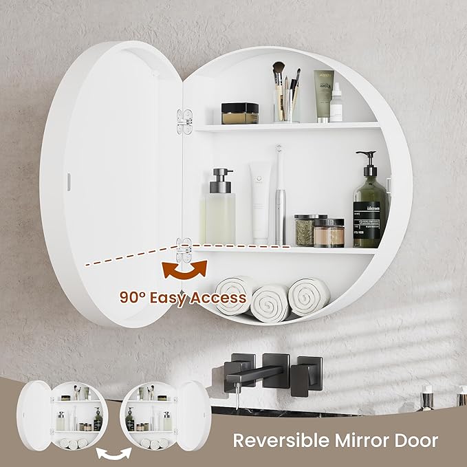 20'' Round Medicine Cabinet with Mirror, Modern Bathroom Vanity Mirror Cabinet with Storage Shelf, Circular Wall Mount Mirrored Cabinet, Farmhouse Medicine Cabinet for Home, Bathroom(White)