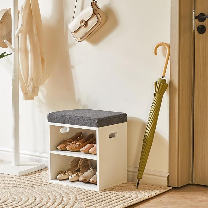YMYNY Small Shoe Storage Bench with Cushion, White, HBD028W | 2 Tier Entryway Bench with Storage, Small Shoe Rack Bench with Adjustable Shelf for Entryway 11 x 15.3 x 16.5 Inches