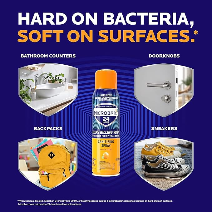 MICROBAN Disinfectant Spray, 24 Hour Sanitizing and Antibacterial Sanitizing Spray, Citrus Scent, 2 Count (15oz Each) (Packaging May Vary)