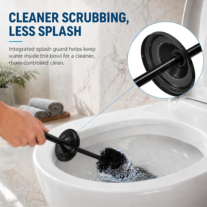 Black Toilet Brush and Holder Set，Extra Long Handled Toilet Bowl Brush and Holder，Stainless Steel Heavy Duty Toilet Brush for Bathroom,Deep Cleaning Modern Toilet Cleaner Slip Base