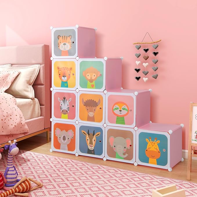 Costzon Kids Closet, Cartoon DIY Modular Dresser Storage Organizer with 12 Cubes & 2 Clothes Hanging Rack, Portable Armoire for Baby Toddlers, Kids Wardrobe for Bedroom Nursery (Pink)