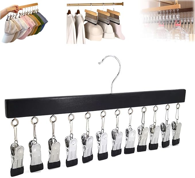 Closet Organizer with 10 Clips, Space Saving Hanging Closet Organizer, Space-Saving Hat Scarf Clothespins for Jeans Skirts Socks Pant Hangers with Clips (Black-10 Clips, 1PC)