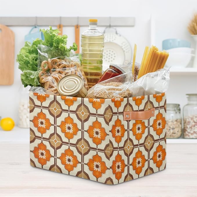 Rectangular Storage Baskets Brown Orange Flower Pattern Fabric Storage Bin Toy Organizer Box with PU Leather Handles for Room Decor
