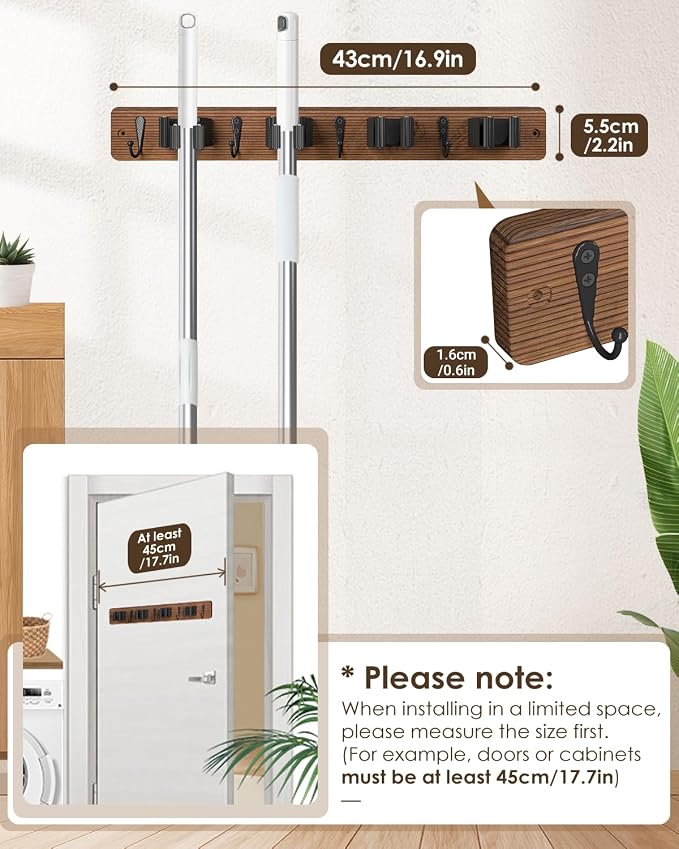 AceMining 2 Pack Broom Holder Wall Mount, 4 Holders 4 Hooks Mop Holder | Mop Holder Wall Mount and Broom Hanger for Garage, Laundry Room, Kitchen and Utility Storage