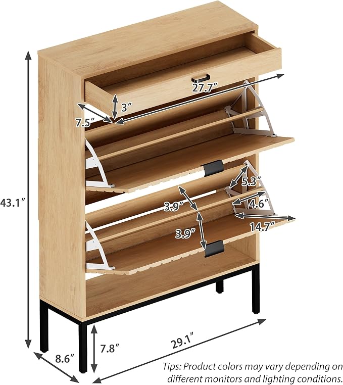 XIAO WEI Shoe Cabinet, Shoe Storage Organizer Cabinet with 2 Flip Half Moon Line Doors, Freestanding Shoe Rack with Adjustable Shelf for Entryway（Oak）